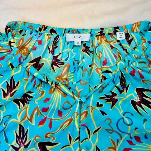 A.L.C. Capri Grotto Turquoise Blouse Aqua Floral Cotton Women’s 12 Boho Resort - Picture 9 of 16